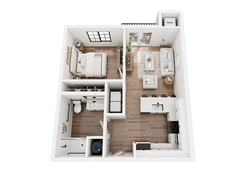 Floor plan for 1 bed, 1 bath, 597 sqft
